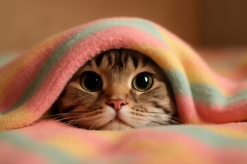 AI generated image of a cute silver tabby cat peeking out from a cozy pastel blanket. The soft lighting highlights its big eyes and playful expression. The vibrant pastel colors create an adorable