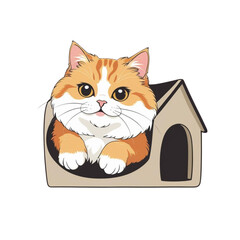 Orange-white Persian-Scottish Fold cat climbing into a cat house