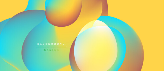 Abstract fluid shapes overlap, creating vibrant color gradients. Yellow background complements blue, orange hues. Minimalist text reads background design.