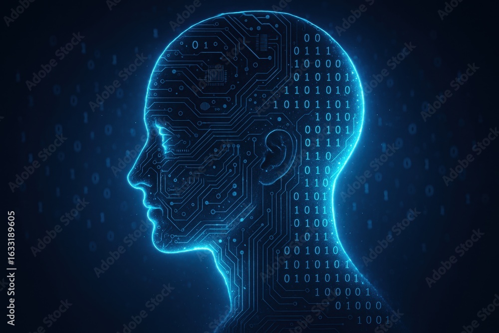 Poster cybernetic mindscape: a luminous depiction of a human silhouette interwoven with intricate circuit p