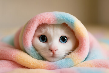 AI generated close-up of a Khao Manee cat with captivating blue eyes peeking from a pastel blanket. Soft and warm lighting creates an adorable and cozy atmosphere perfect for a playful calming mood.