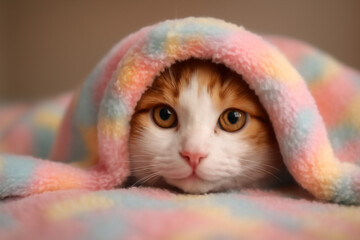 AI generated A Turkish Van cat peeks out from a pastel-colored blanket with its adorable amber eyes and soft features. The cozy atmosphere evokes warmth playfulness, perfect for conveying comfort