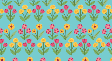 This is a bright, repeating floral pattern on a light blue background, featuring various yellow, pink, and orange flowers with green stems and leaves.