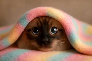AI generated image of a Balinese cat peeking from a pastel-colored blanket with its bright blue eyes. The soft, cozy mood is captured with a gentle, inviting atmosphere perfect for conveying warmth