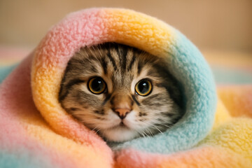 AI generated image of a Siberian cat adorable face peeking from a pastel blanket. The soft, colorful textures and warm lighting create a peaceful, cozy, and playful mood.