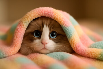 AI generated image of a cute Ragdoll kitten peeking out from a pastel blanket with big blue eyes. The soft lighting and fuzzy texture create an adorable and cozy mood, perfect for conveying warmth