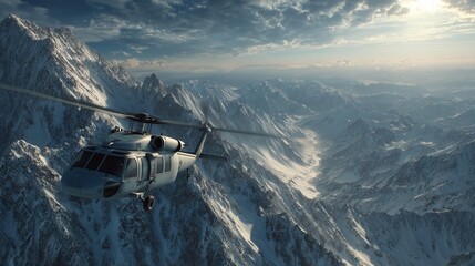 Aerial view of the helicopter in the mountains
