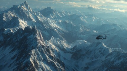 Helicopter in the mountains in the winter