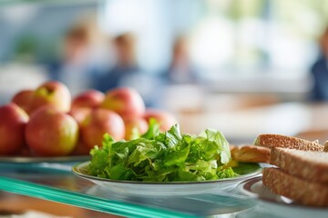 Healthy food artfully arranged on a glass counter in a school canteen, providing nutritious options for hungry students during break time