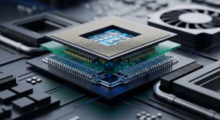 Close-up view of a complex computer processor with intricate circuitry and cooling fan, showcasing advanced technology and engineering.