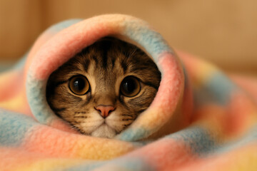 AI generated image of a cute American Bobtail cat peeking out from a soft pastel-colored blanket with a playful expression. This cozy scene evokes warmth, comfort, and tenderness, perfect