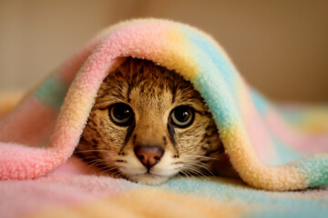 AI generated image of a cute serval kitten hiding under a soft pastel blanket, with only its curious eyes and nose visible. The image evokes a warm, cozy, and playful atmosphere, perfect