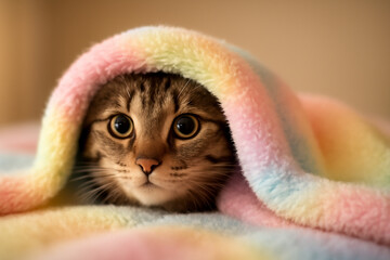 AI generated A playful Chausie cat peeks out from a soft pastel blanket with large expressive eyes. The warm, fuzzy atmosphere creates an adorable calm mood. A cozy and vibrant image evoking warmth
