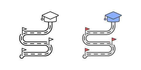 Skill pathway roadmap icon with flag markers and graduation cap, ideal for visualizing learner progress, goal tracking, and structured course journeys.
