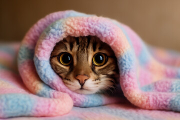 AI generated image of a cute Savannah cat peeking out from a cozy pastel blanket with soft lighting and a fuzzy texture. The playful cat eyes are wide and adorable, creating a warm