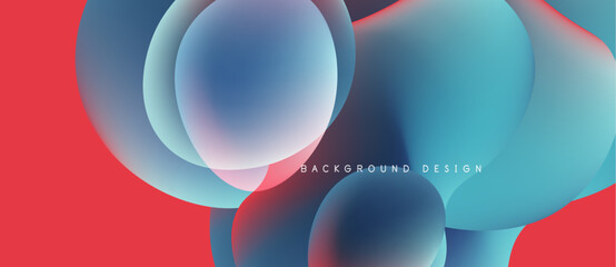 Abstract fluid shapes overlap. Vibrant colors blend, creating dynamic visual effect. Red dominates left side, blue center. Modern design element.