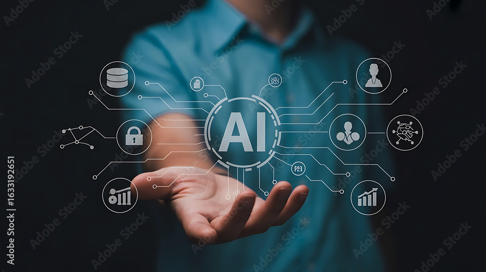 Poster person holding a glowing ai network with interconnected digital icons representing technology and da