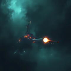 Eerie, creepy atmosphere. Creative light art depicts a warship firing a railgun. Artistic lighting, abstract patterns, and dark tones create an unsettling scene