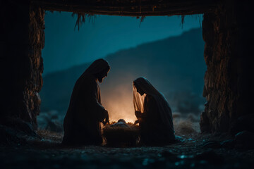 Nativity Silhouettes in a Cave – Peaceful Christmas Scene with Warm Backlight. AI generative.