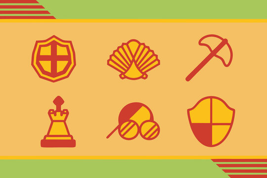 Red yellow shield axe chess piece fan and balls icons vector - Powered by Adobe