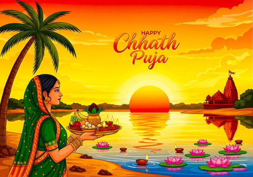 Devout woman observes chhath puja by a serene river at sunset with temple and lotus flowers
