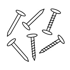 Collection of stylized icons representing various nails screws and scattered fasteners for design projects