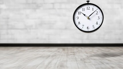Floating Mechanical Clock in Zero Gravity Environment with Wood Floor Background