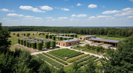 Naklejka premium Aerial view of a modern farm with buildings, vegetable gardens, orchards, and surrounding forest under a blue sky with scattered clouds.