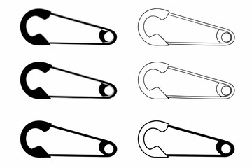 Safety Pin Line Art Illustration Black Silhouettes and Outlines on White Background