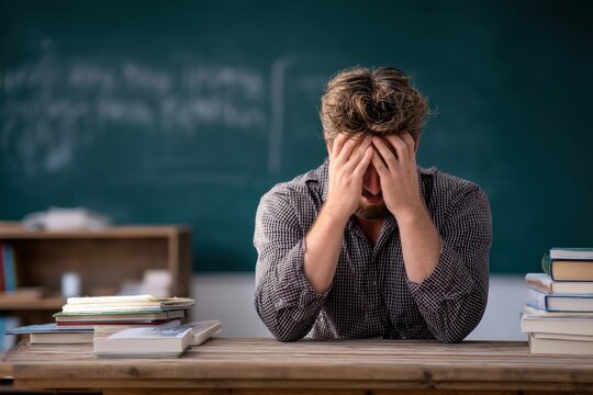 Overworked and frustrated teacher sitting at desk with head in hands, crying and looking dejected after making mistake in classroom