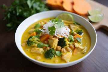 Hearty and healthy vegetable curry with chicken and chickpeas in a white bowl