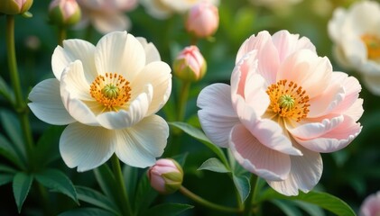 Fototapeta premium Creamy peonies, delicate anemones, lush foliage, floral design, white