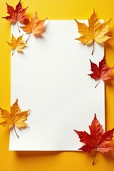 Obraz premium Crisp white sheet, autumn leaves scattered on vibrant yellow backdrop, fabric, fall, promotional