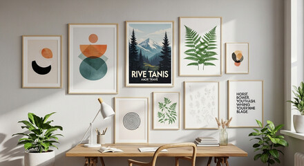 A meticulously arranged art display brightens a modern office space, showcasing a collection of captivating art prints and framed artwork.