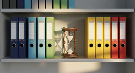 Ai generated image of office binders and an hourglass on a shelf, representing organization and the passage of time