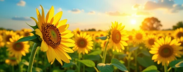 Obraz premium Golden sunflowers bask in sunlight, vibrant field , photography, image, bloom