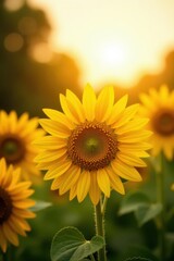 Obraz premium Sunflowers facing sun, soft focus background, bright light , field, flower