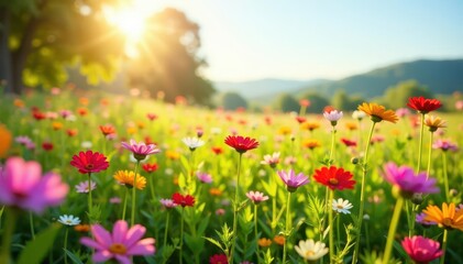 Obraz premium Sunlit field bursting with diverse wildflowers, sunlight, background