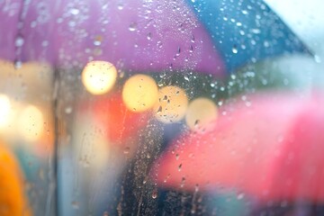 Blurred colorful umbrellas and bokeh lights seen through a rain streaked window on a gloomy day