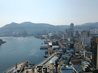 Korea, Busan, view from observation deck of port and city
