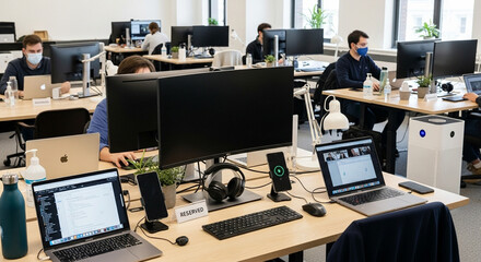Modern office environment showcasing individuals engaged in focused work. The scene is filled with computers, laptops, and various technological tools.