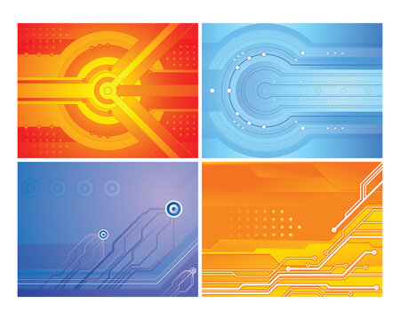Collection of four vibrant abstract technology backgrounds depicting futuristic digital concepts, circuits, and data streams.