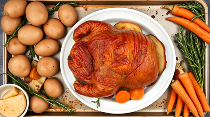 Flat lay of England traditional roast dinner ingredients potatoes parsnips carrots rosemary Yorkshire pudding prepped on baking tray