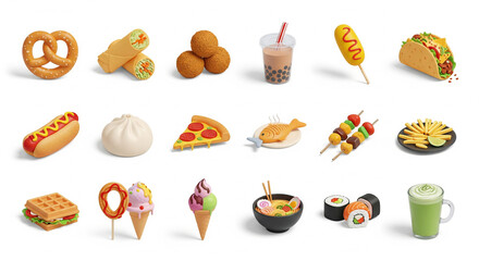 A diverse assortment of miniature food items including snacks, meals, and drinks on a white background