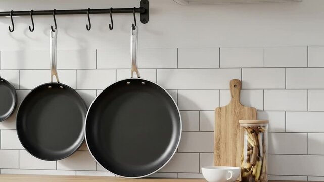 Pans Hanging in Kitchen on White Tile Wall