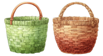 Obraz premium Two hand-woven baskets, one green, one brown-tan, with handles