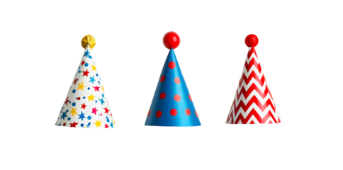 Three party hats isolated on transparent background