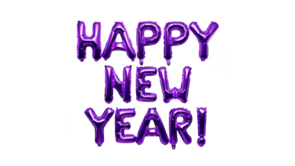 Shiny purple foil balloons spelling happy new year isolated on transparent background