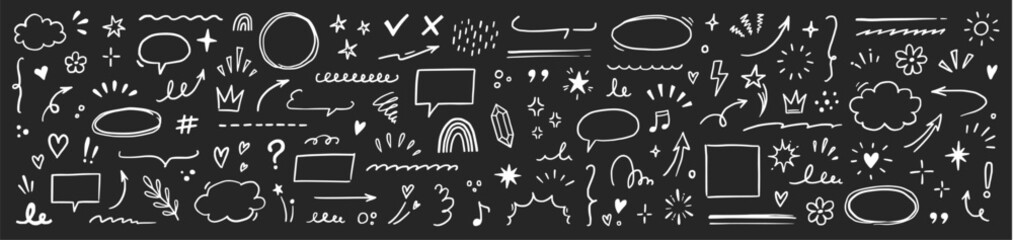 Line brush heart vector set on chalkboard. Hand drawn sketch doodle style arrow, cloud, star with marker stroke pencil highlight. Cute handwritten crown, heart, star line shapes. Vector illustration