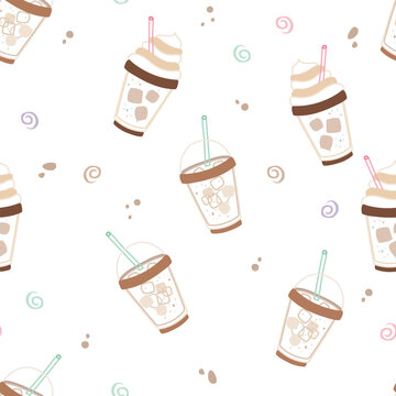 Playful seamless outline pattern featuring iced coffee drinks frappes and lattes with whipped cream and decorative swirls. Ideal for cafe branding, packaging and sweet designs